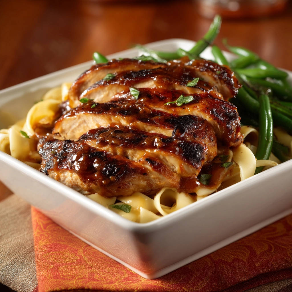 Juicy pan-seared chicken breast sliced and served over noodles with green beans and a glossy glaze.