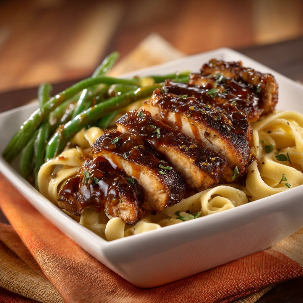 Juicy pan-seared chicken breast sliced and served over fettuccine pasta with green beans.