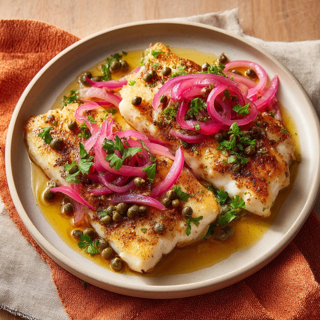 Easy Pan-Seared Fish plated with pickled red onions, capers, and fresh parsley in a lemon butter sauce.