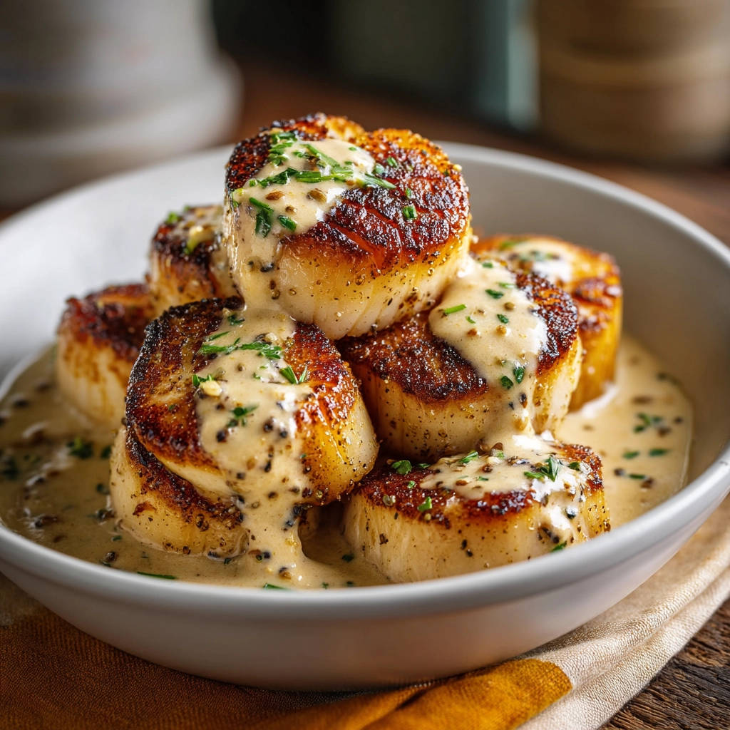 Perfect pan-seared scallops in a creamy sauce, drizzled with garnish and served in a white bowl.