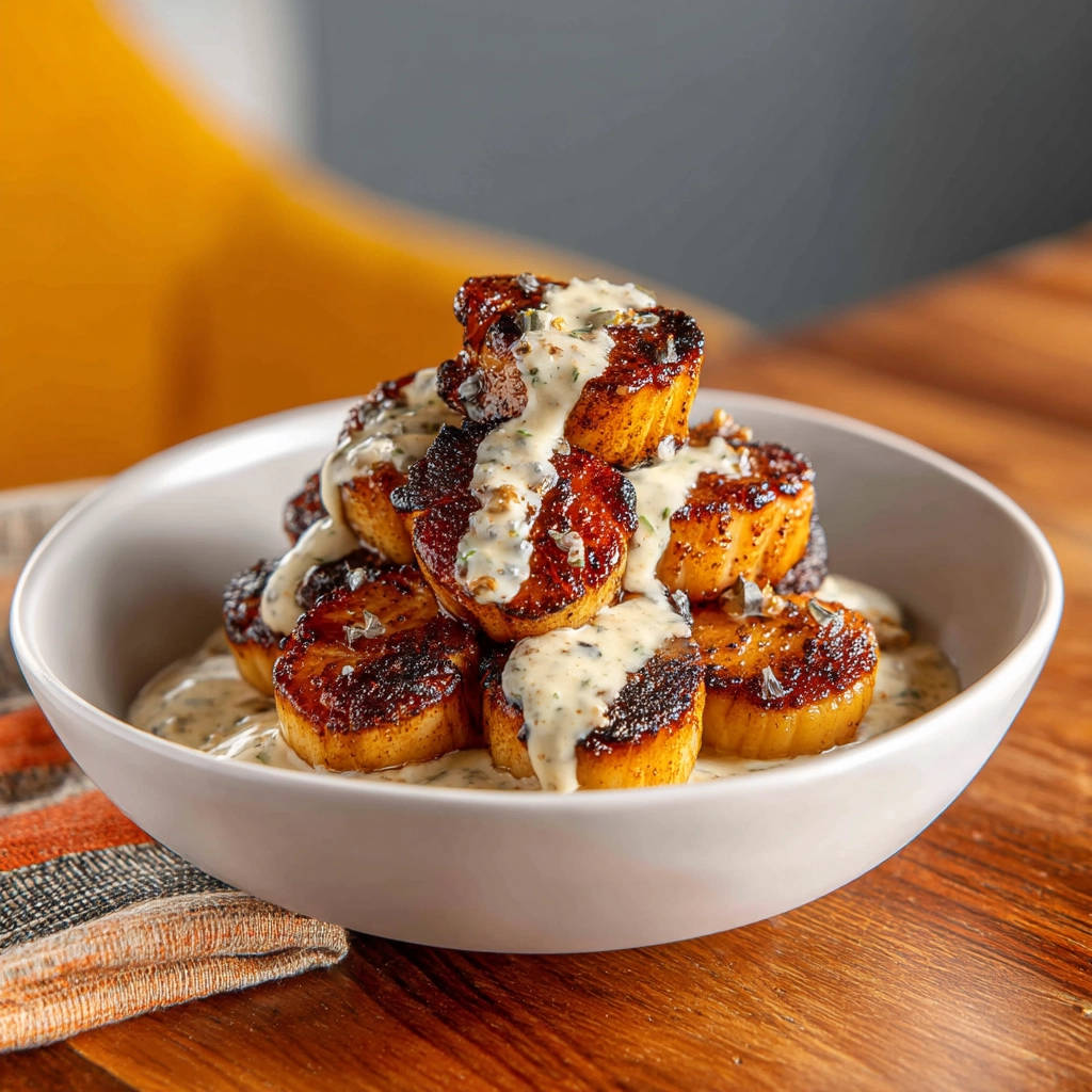 Pan-seared scallops are stacked high in a white bowl, glistening with a creamy sauce and herbs.