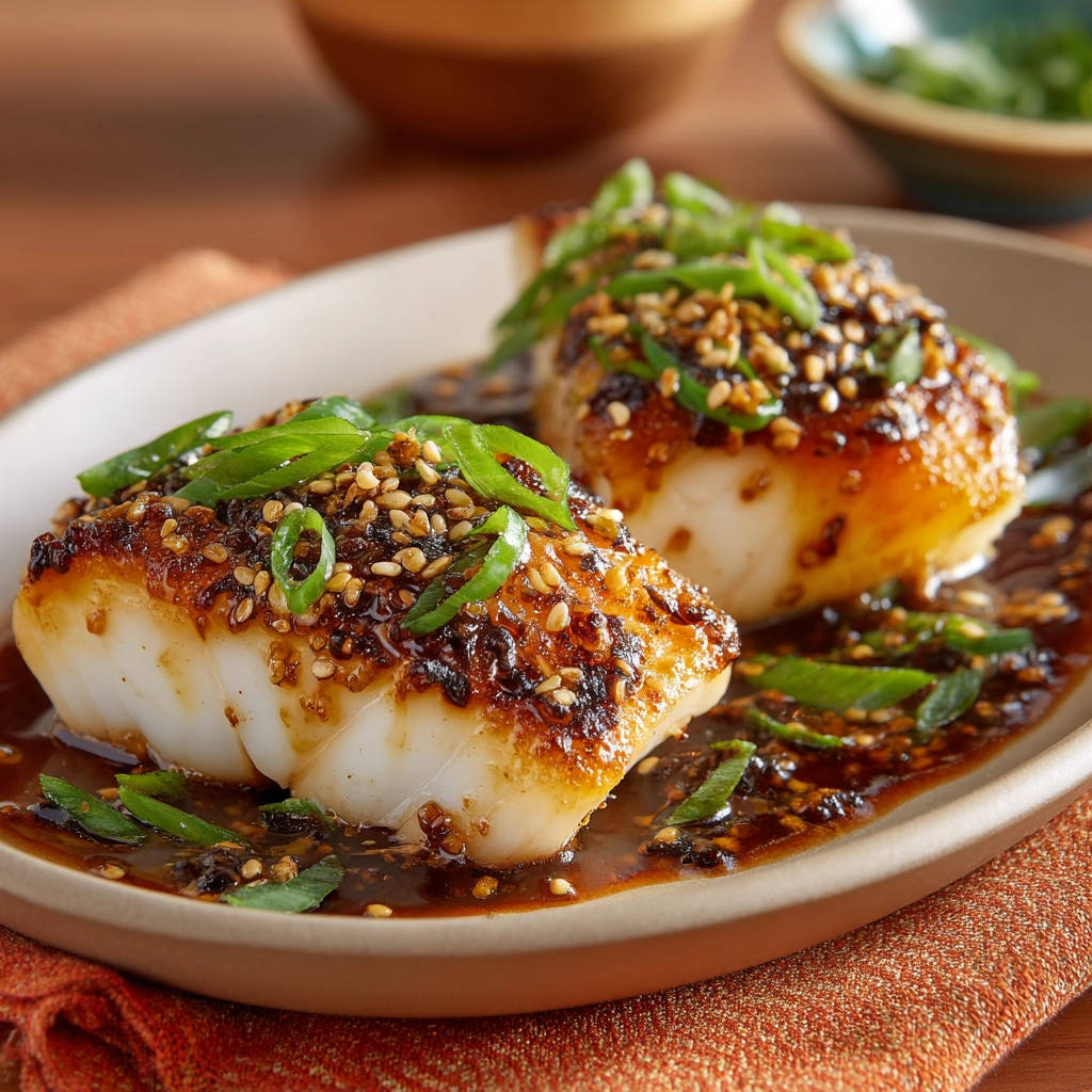 Juicy pan-seared white fish with glaze recipe, presented on a plate and beautifully garnished with sesame seeds and scallions.
