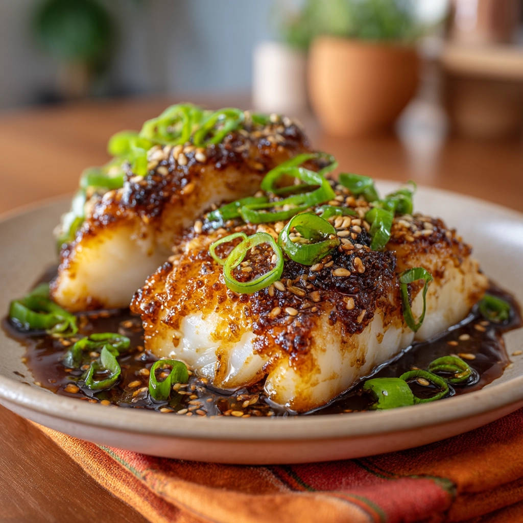 Juicy pan-seared white fish with glaze recipe, plated and garnished with sesame seeds and sliced green onions.