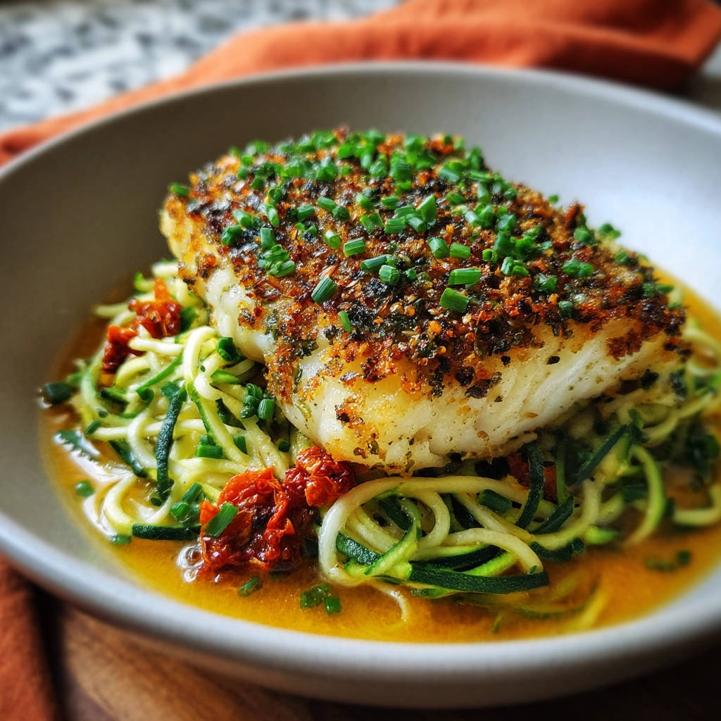 Juicy pan-seared white fish with zucchini noodles, topped with fresh chives and a herb crust.