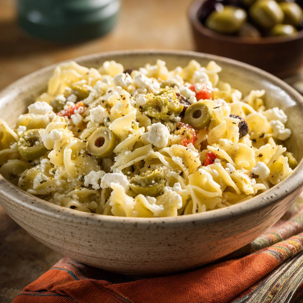 Pasta salad perfection featuring a close-up view of feta cheese, olives, and bow-tie pasta.