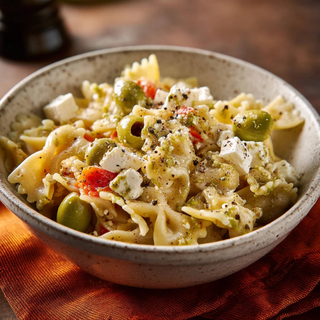 Pasta salad perfection featuring farfalle pasta with feta cheese, olives, and pesto in a bowl.