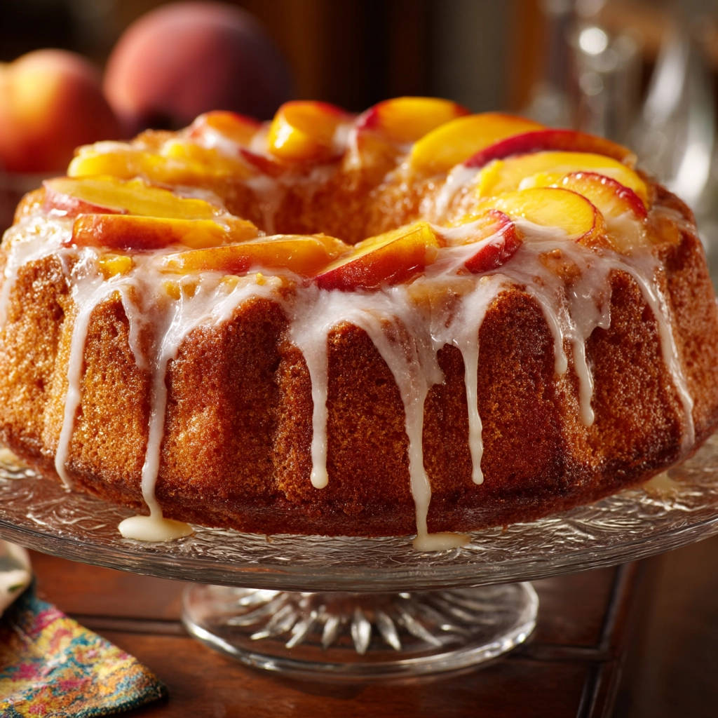 Perfect Peach Bundt Cake glazed with icing and topped with fresh peach slices.