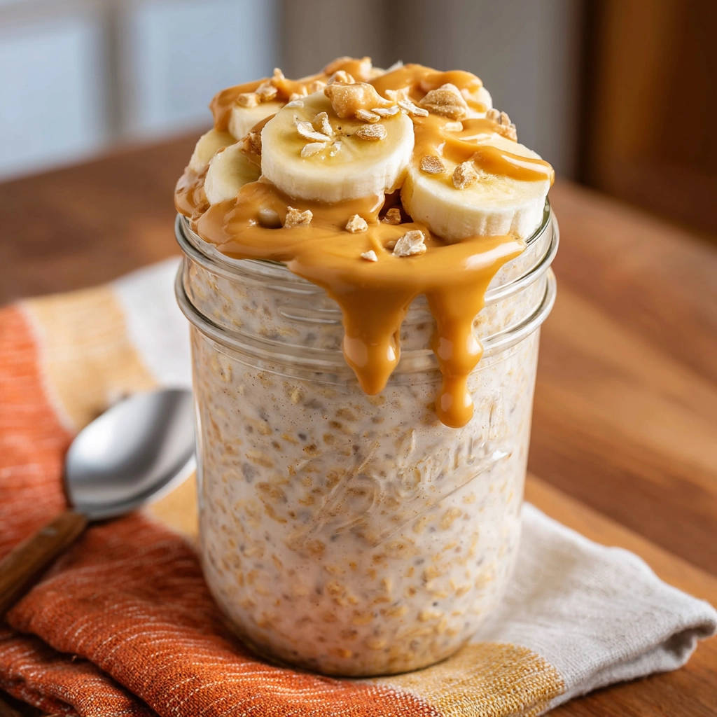Peanut Butter Banana Overnight Oats topped with sliced bananas and a thick peanut butter drizzle.