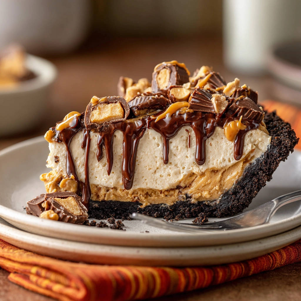 Peanut Butter Chocolate Pie showing a rich cross-section topped with chocolate candies and drizzles.