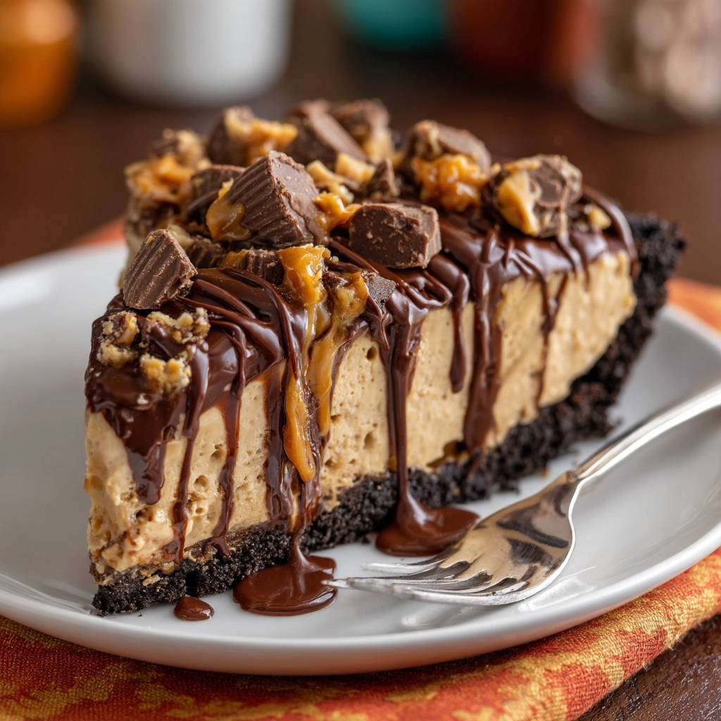 Peanut Butter Chocolate Pie slice showing a close-up cross-section with rich chocolate drizzle and peanut butter cup toppings.