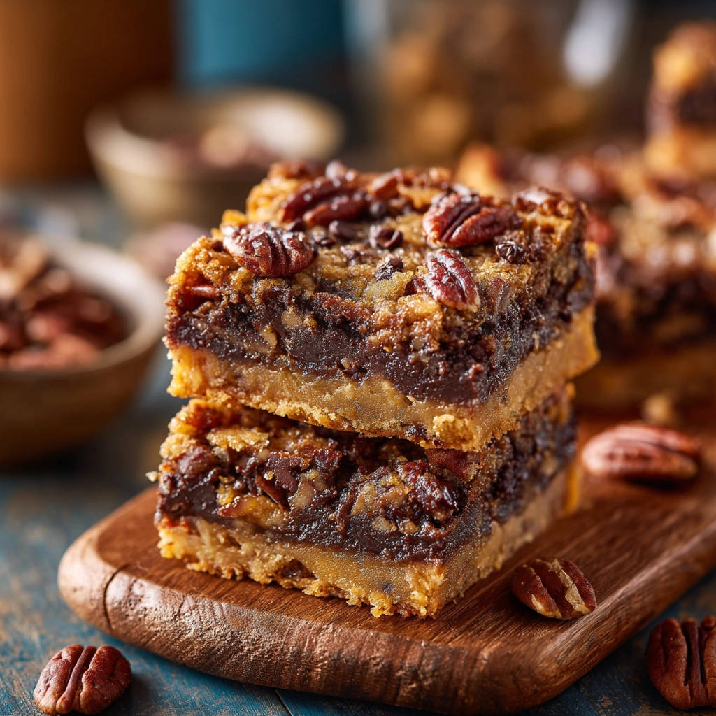 Pecan pie bars stacked to show a close-up cross-section of the layers and pecan topping.