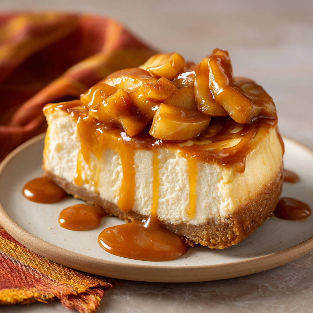 Perfect cheesecake slice with a rich caramel topping and apple filling, presented on a plate.