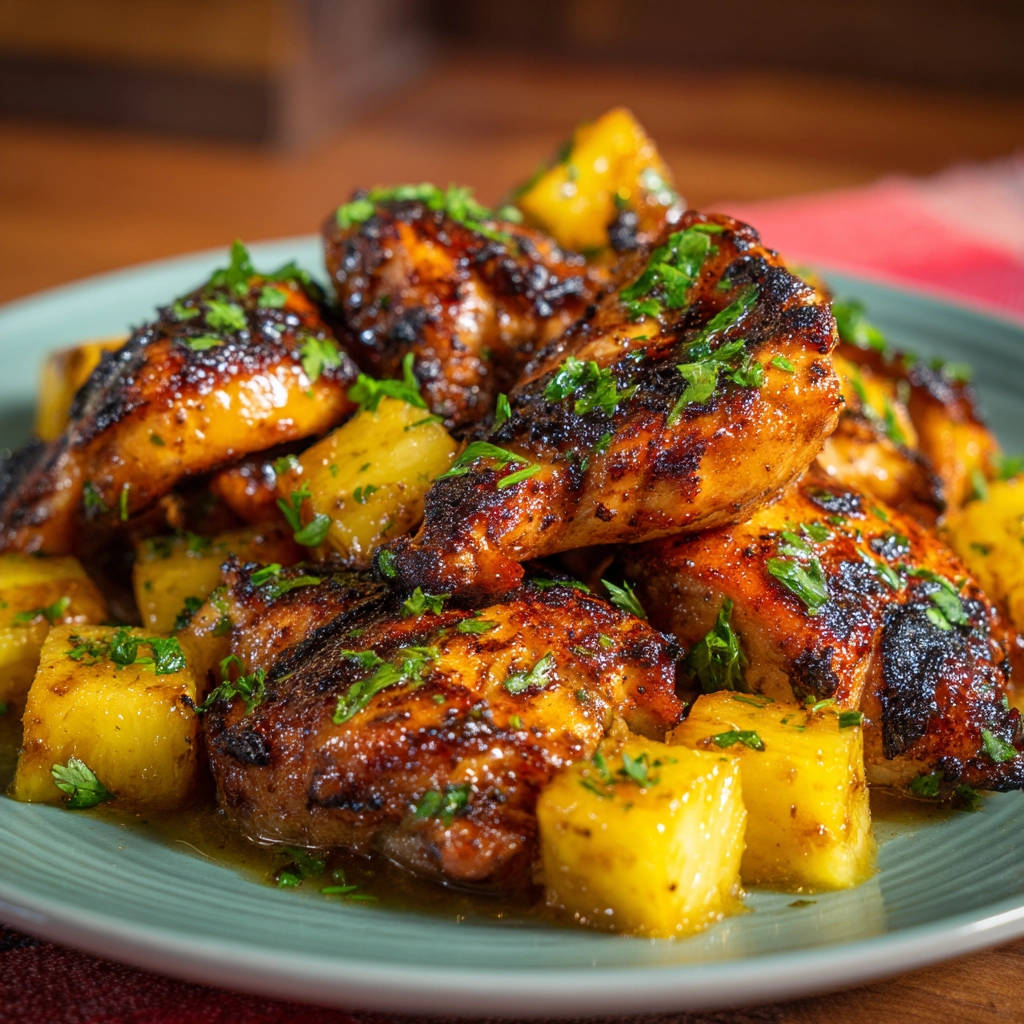 Juicy pineapple glazed chicken drumsticks served with pineapple chunks and garnished with fresh parsley.