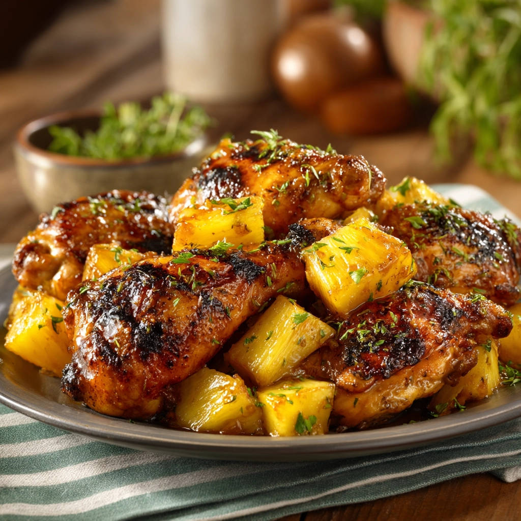Juicy pineapple glazed chicken drumsticks served on a plate with fresh pineapple chunks and garnished with herbs.