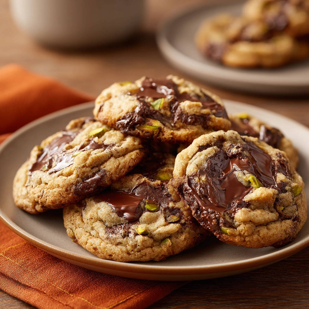 Perfectly chewy pistachio chocolate chip cookies piled high on a plate with melted chocolate and pistachios visible.