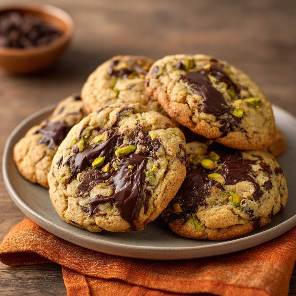 Perfectly chewy pistachio chocolate chip cookies piled on a plate with a close-up view.
