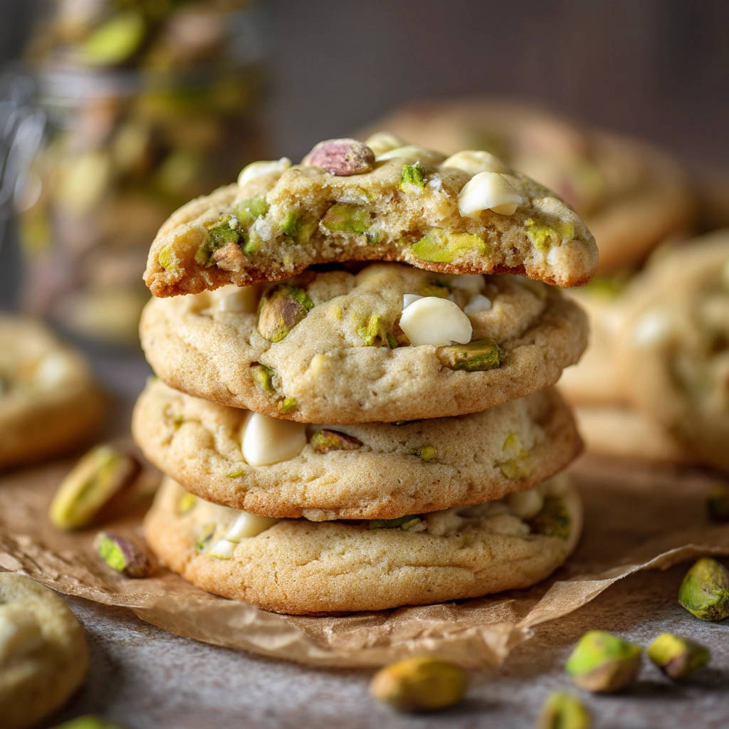 Amazing soft pistachio white chocolate cookies shown in a stack with a cross-section revealing the chewy interior and pistachios.