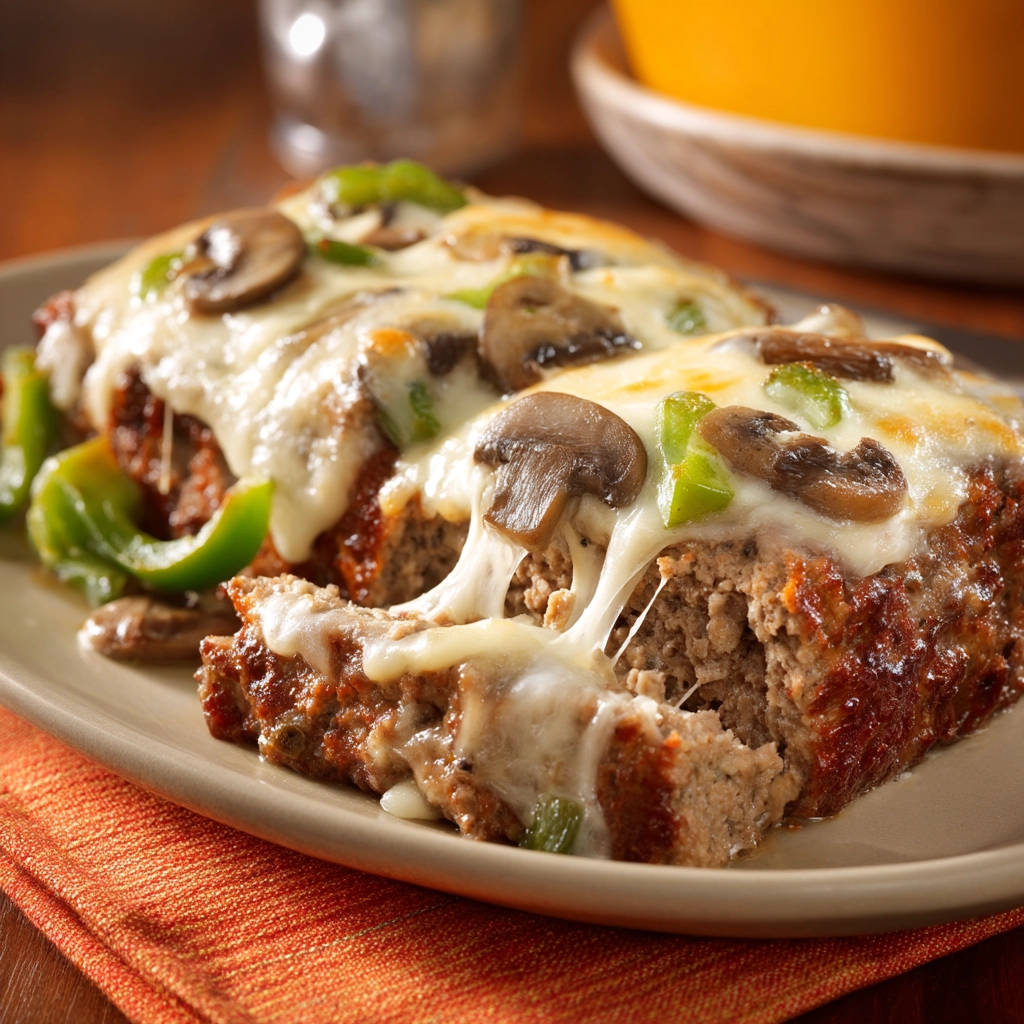 Pizza Supreme Meatloaf with a gooey, cheesy cross-section, showing melted mozzarella, mushrooms, and green peppers.