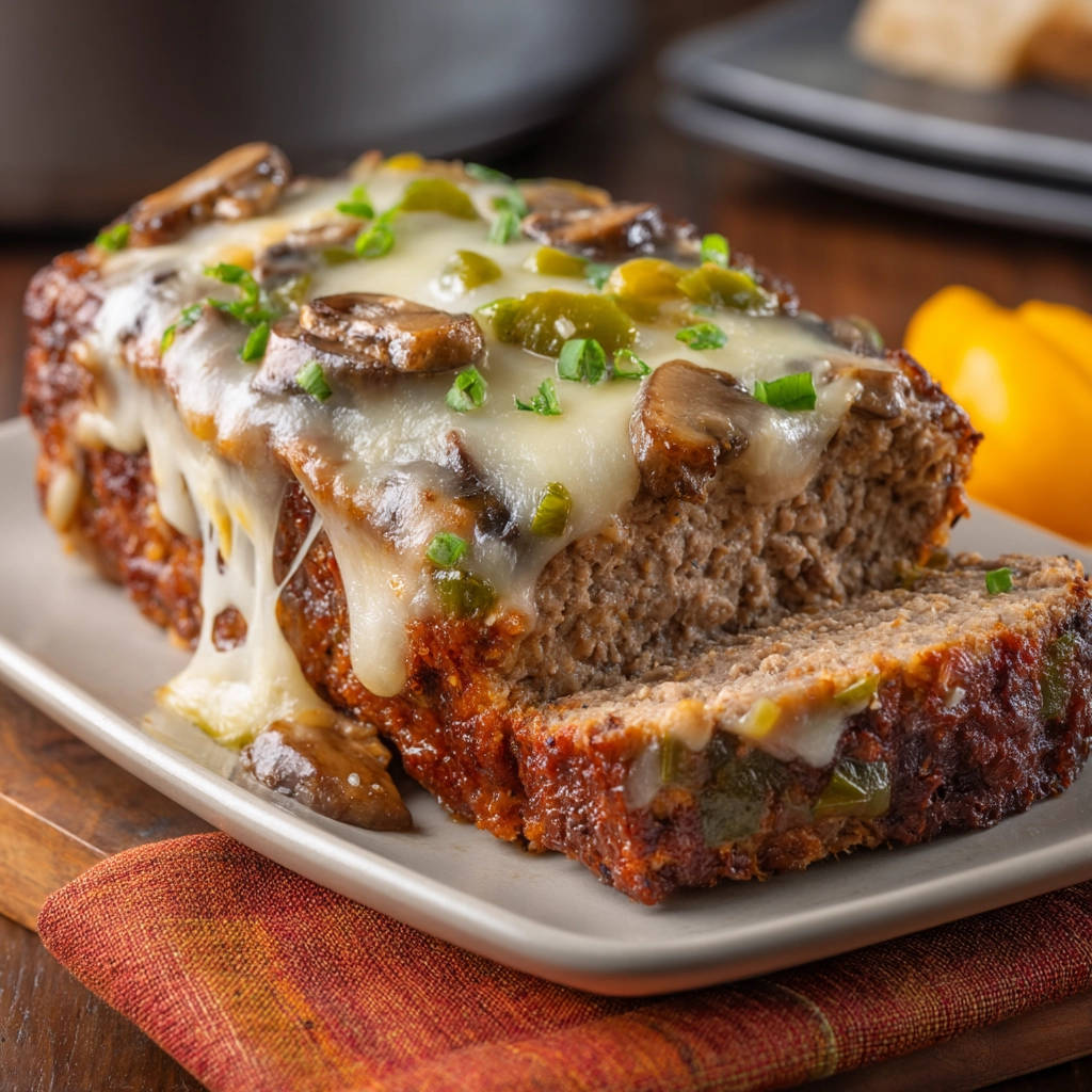 Pizza supreme meatloaf with melted cheese, mushrooms, and peppers, showcasing a gooey topping.