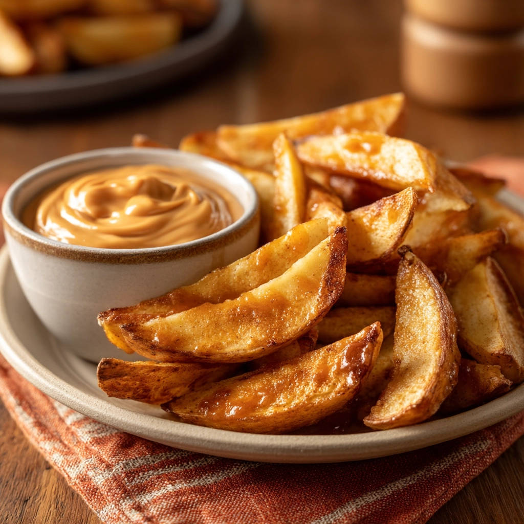 Crispy potato wedges are served with a creamy dipping sauce in a close-up view on a plate.