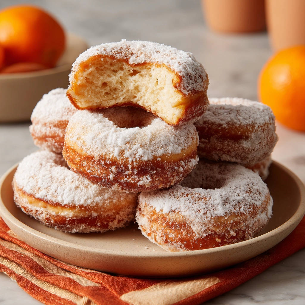 Classic powdered sugar donuts with a bite taken out, showing the fluffy interior, presented on a plate.