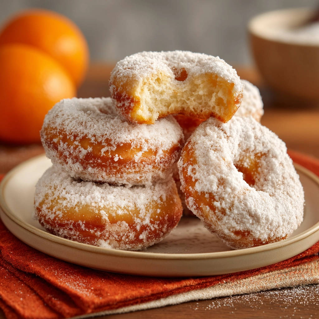Classic powdered sugar donuts showing a fluffy, never greasy interior cross-section with a bite taken out.