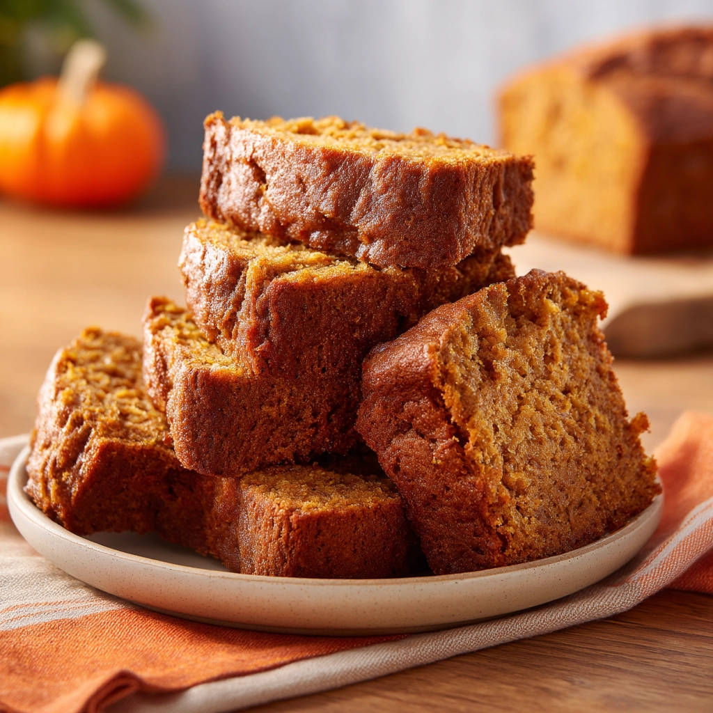 Perfect pumpkin bread served as stacked slices on a plate with a pumpkin in the background.