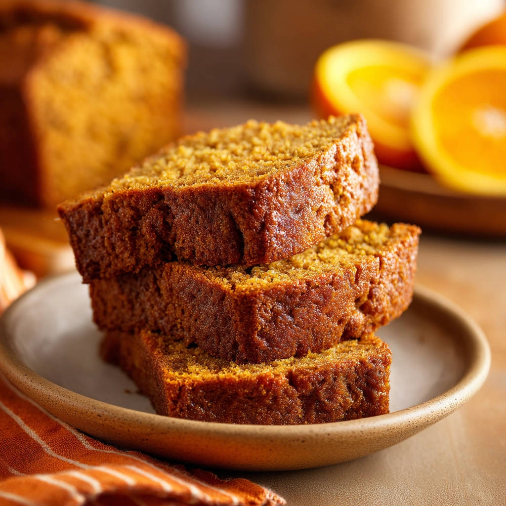 Perfect pumpkin bread shown as a stack of three moist slices on a plate with a rustic rim.