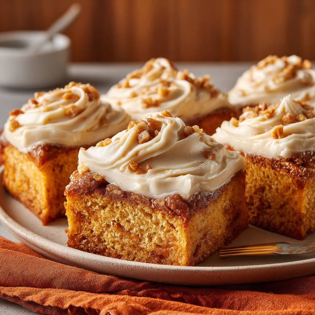 Pumpkin spice bars topped with creamy frosting and sprinkled with chopped nuts, presented in a close-up view.
