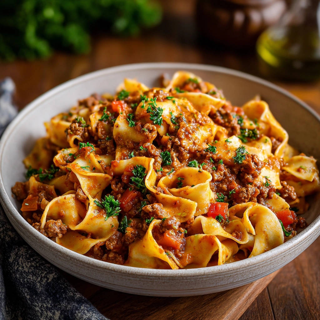 Delicious quick meat sauce pasta served in a rustic bowl, generously garnished with fresh parsley.