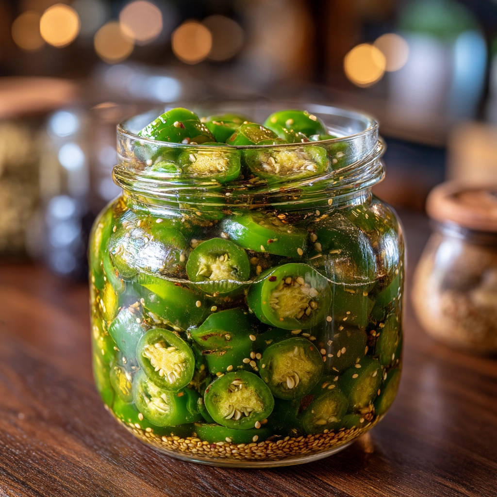 Quick pickled jalapeños in a glass jar, showcasing sliced peppers and sesame seeds with a close-up view of the contents.