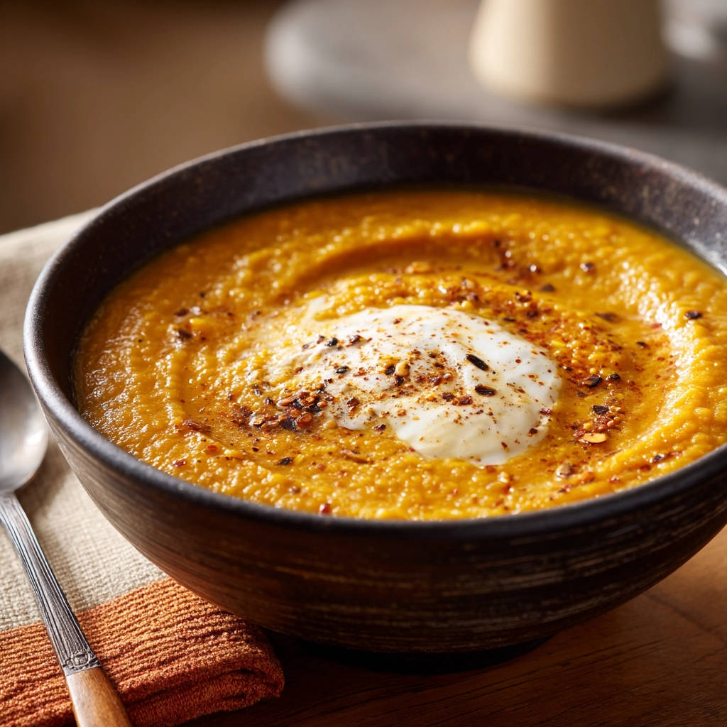 Red lentil soup with a dollop of cream and a sprinkle of red pepper flakes as a garnish detail.