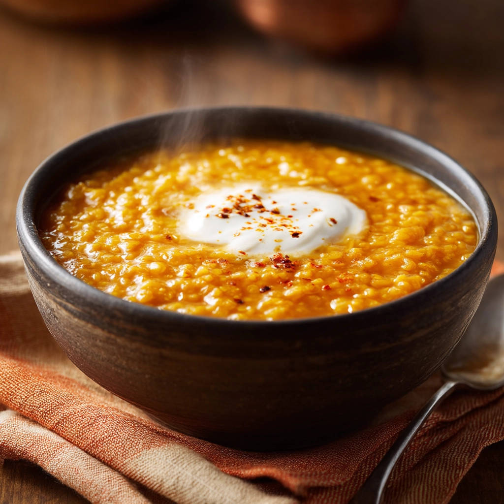 Red lentil soup steaming in a rustic bowl topped with a dollop of cream and red pepper flakes.