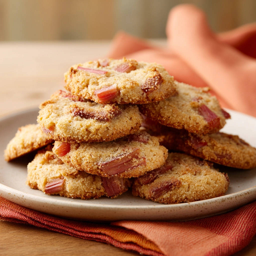 Rhubarb crumble cookies piled high on a textured plate, showcasing their rustic texture and visible rhubarb pieces.