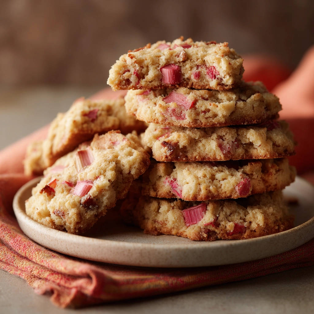 Rhubarb crumble cookies stacked on a plate, showcasing the pink rhubarb pieces within the golden baked cookie texture.