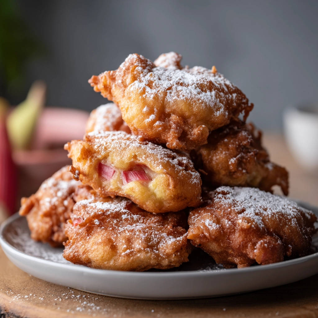 Rhubarb fritters fluffy bites every time, with a close-up view showing the tender rhubarb interior.