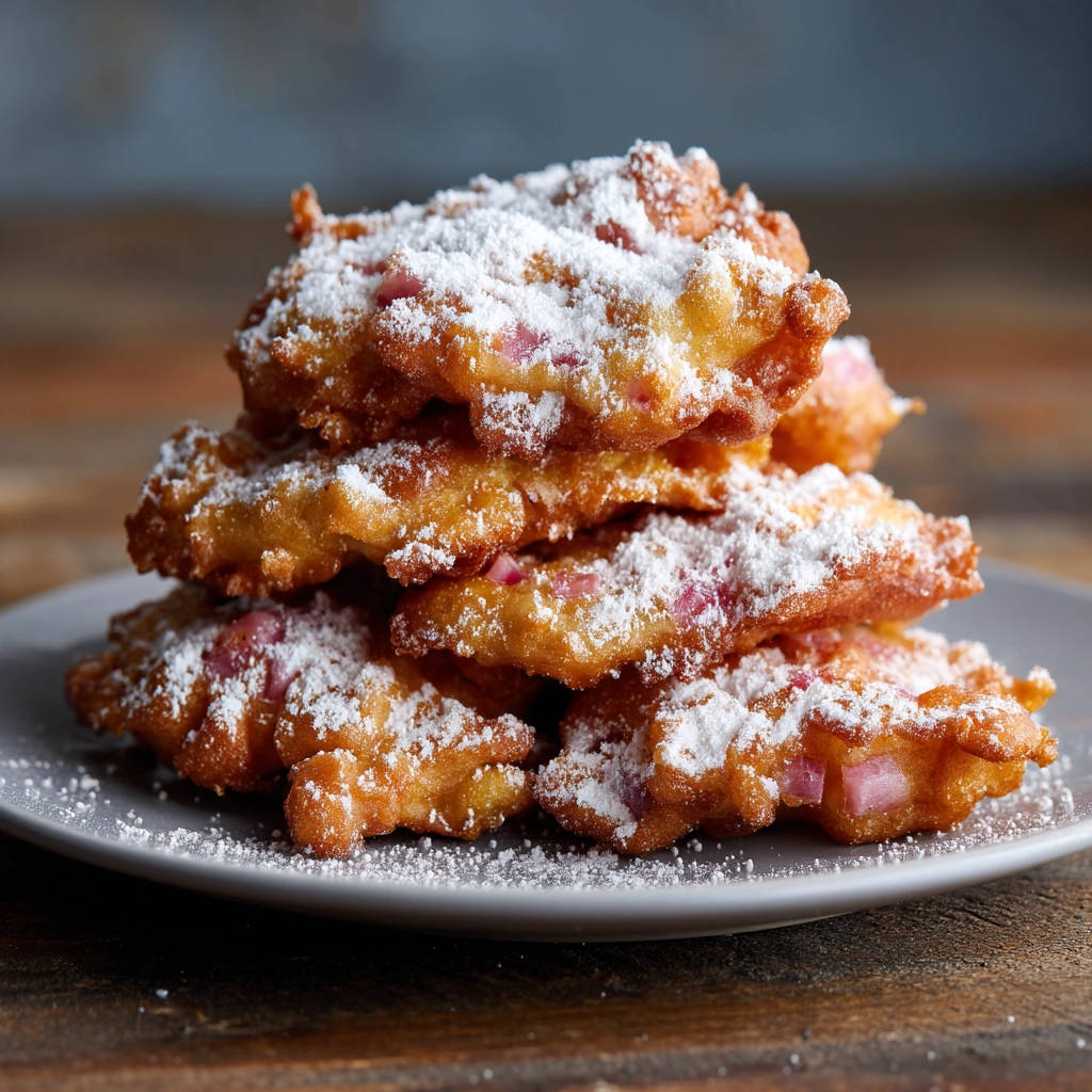 Rhubarb fritters dusted with powdered sugar, stacked high on a gray plate.