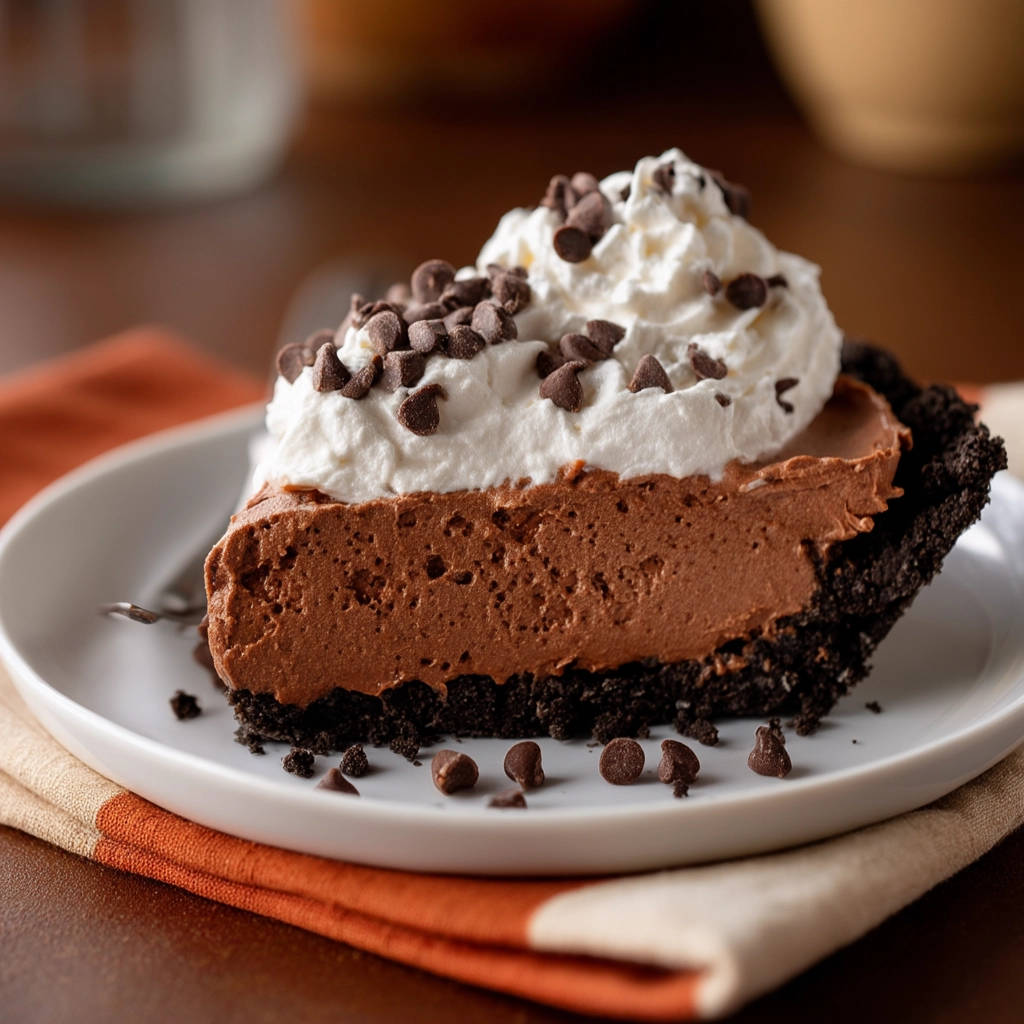 Rich chocolate cream pie slice cross-section showing creamy filling and chocolate chip topping on a white plate.