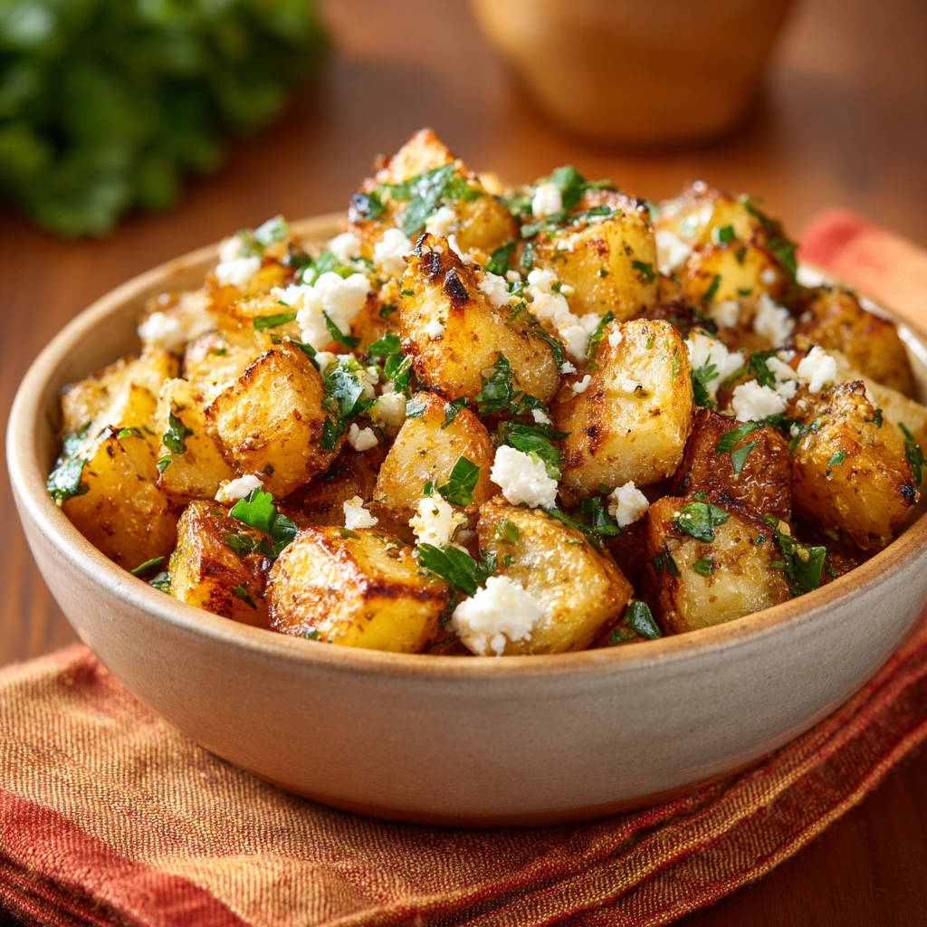 Perfect roasted potatoes topped with crumbled feta cheese and fresh parsley, served in a rustic bowl.