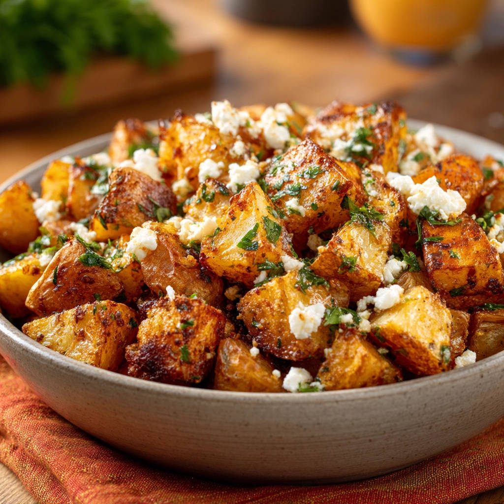 Roasted potatoes topped with crumbled feta cheese and fresh chopped parsley for a flavorful garnish.