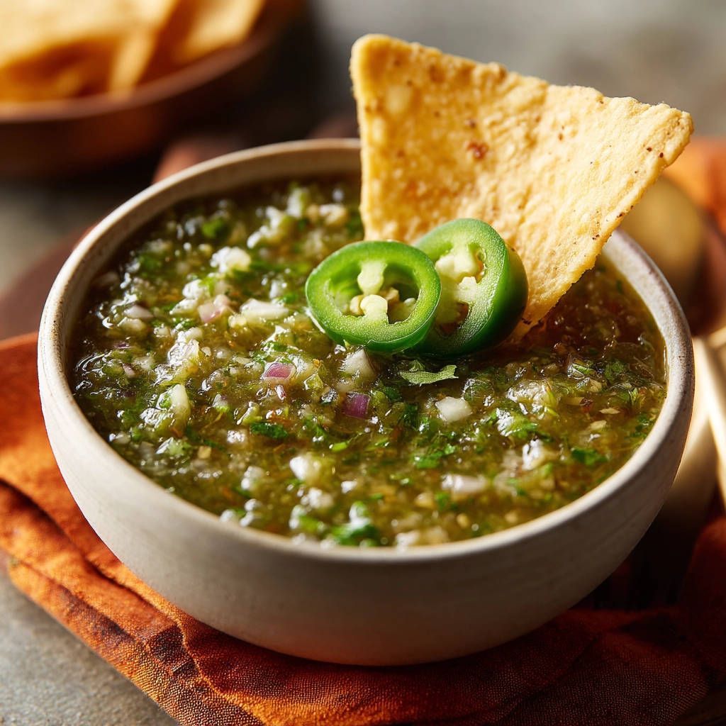 Roasted salsa verde in a bowl, garnished with jalapeño slices and a tortilla chip.