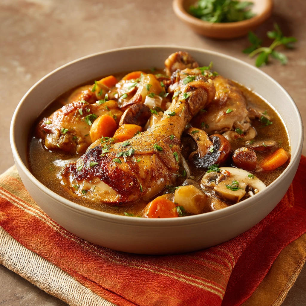Rustic chicken stew in a bowl, showcasing tender chicken legs, carrots, and mushrooms with fresh parsley garnish.
