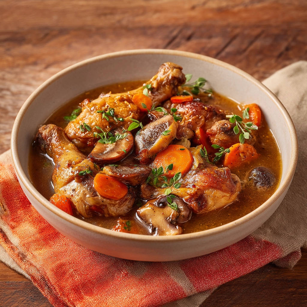 Rustic chicken stew in a bowl, featuring tender chicken, carrots, mushrooms, and fresh thyme garnish.