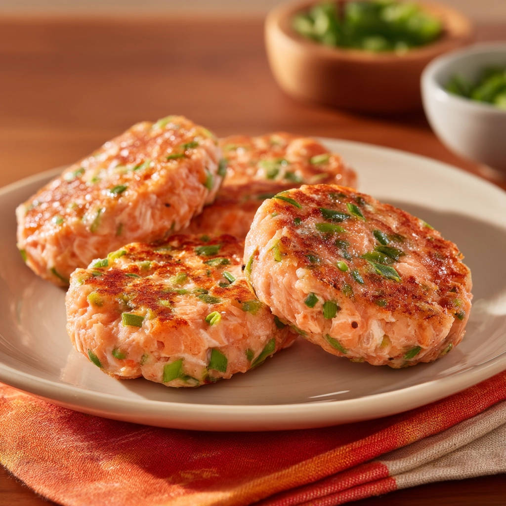 Easy salmon patties plated in a close-up view, showcasing their texture and green onion flecks.