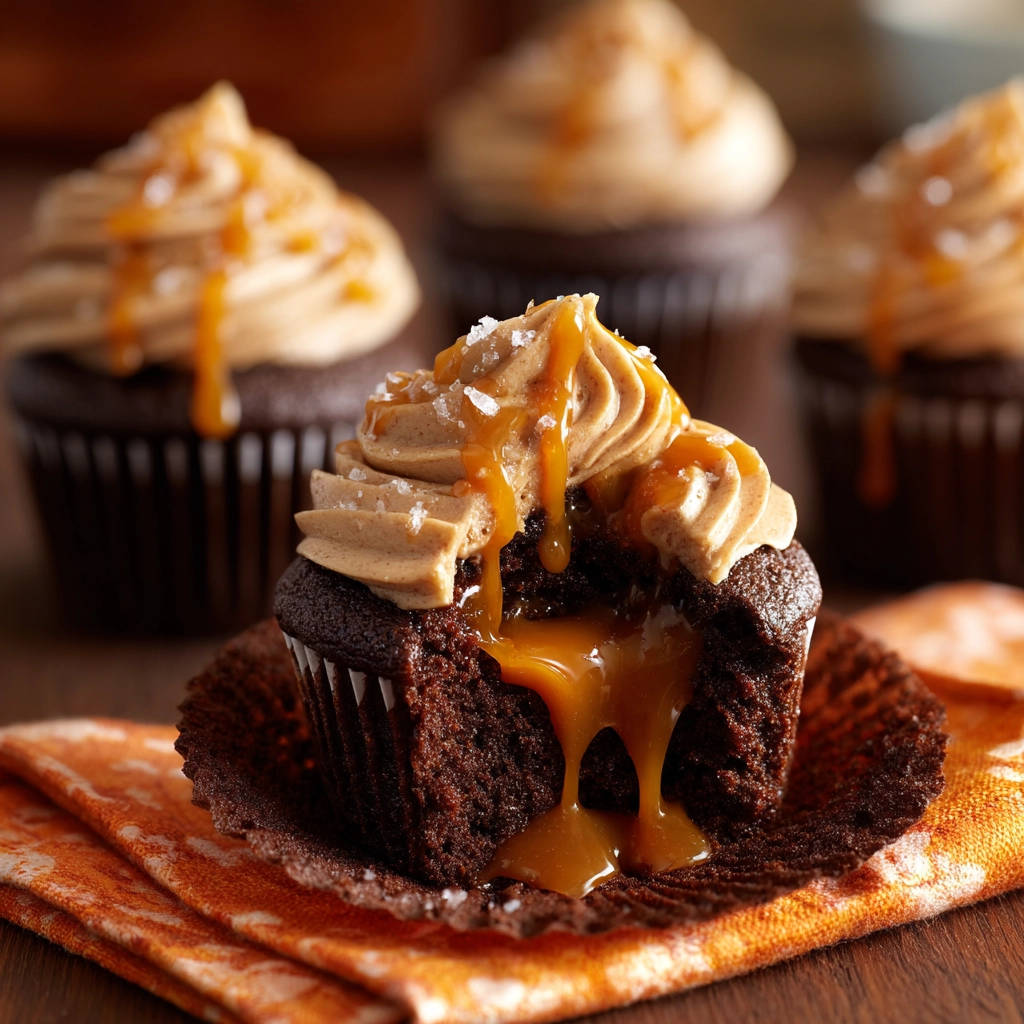 Salted caramel chocolate cupcakes with a gooey caramel filling and drips, showing a close-up cross-section.