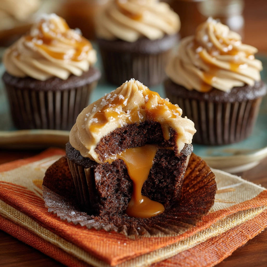 Salted caramel chocolate cupcakes cross-section showing a gooey caramel filling dripping from the center.