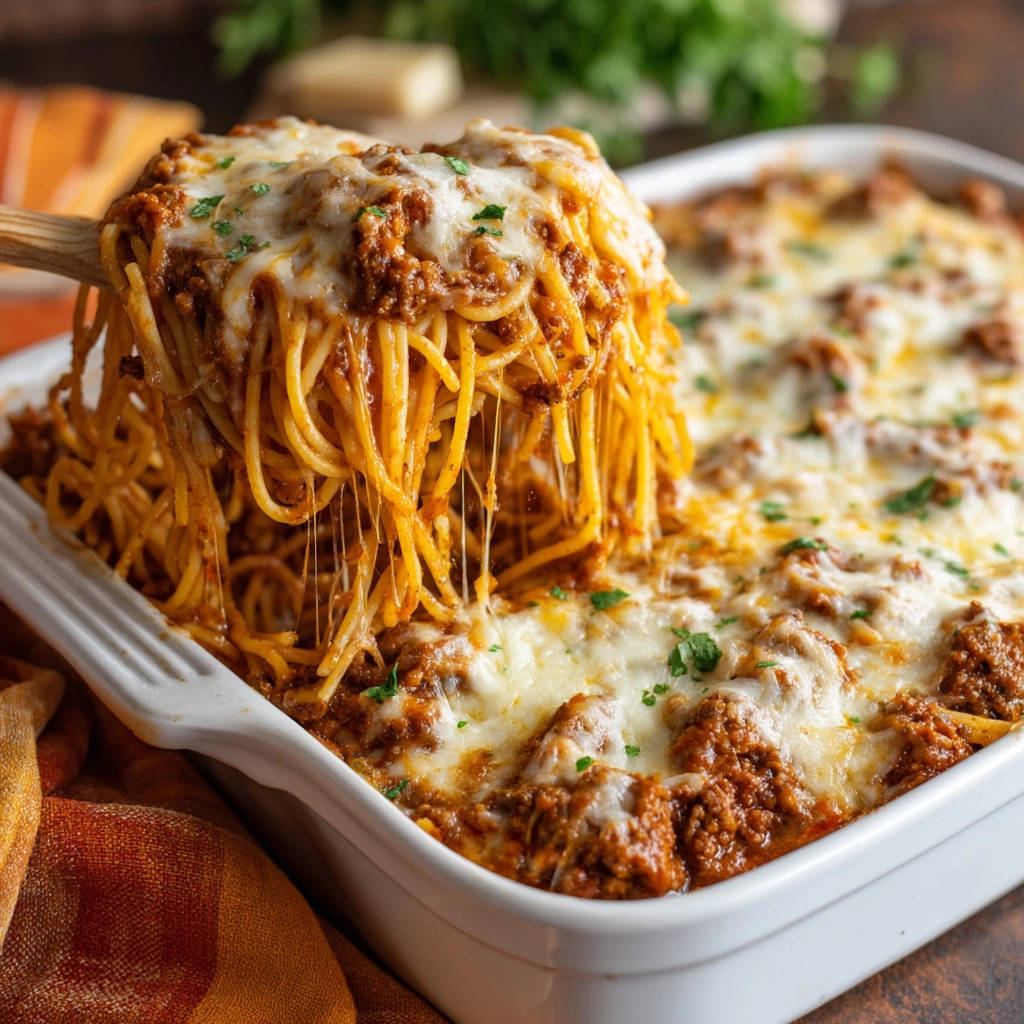 Saucy baked spaghetti casserole with a serving being lifted, showing dripping melted cheese.