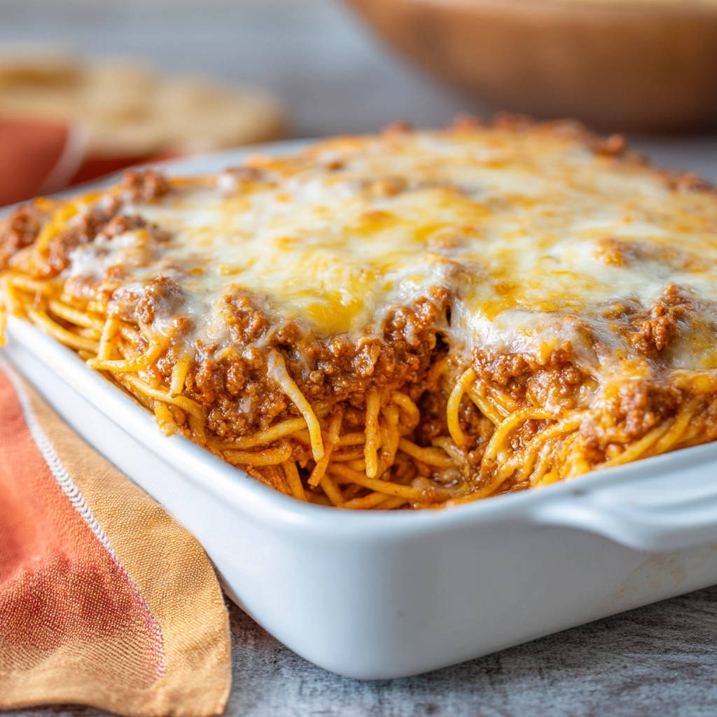 Saucy baked spaghetti casserole with a bubbly, melted cheese topping in a white baking dish.