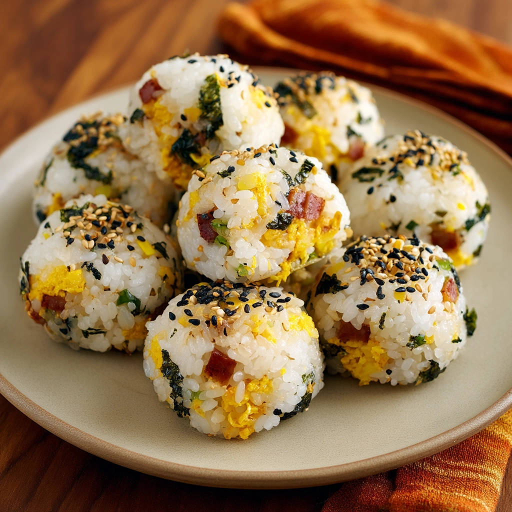 Foolproof sausage and egg breakfast rice balls arranged on a light-colored plate, sprinkled with sesame seeds.