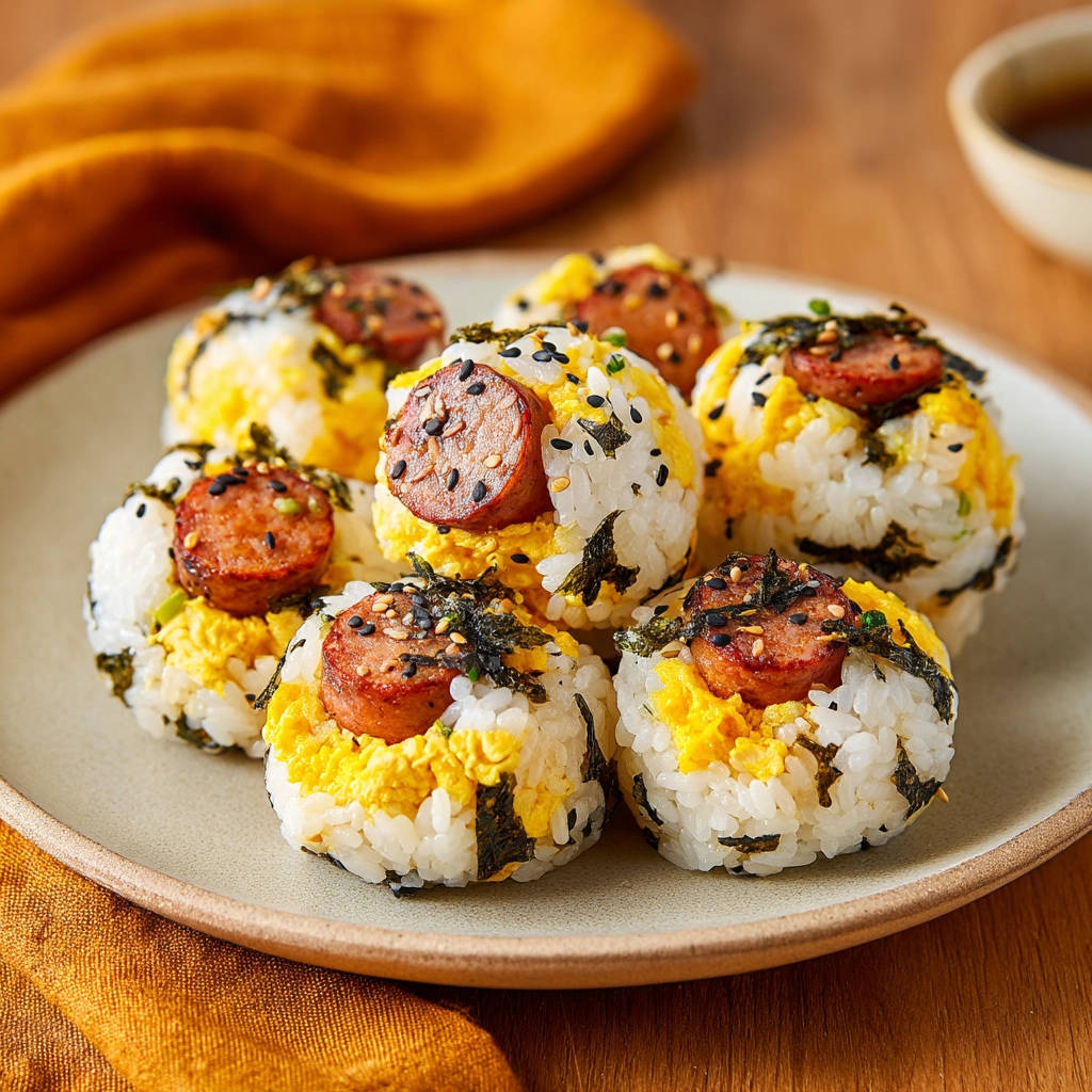 Sausage and egg breakfast rice balls are neatly stacked on a plate, garnished with seaweed and sesame seeds.